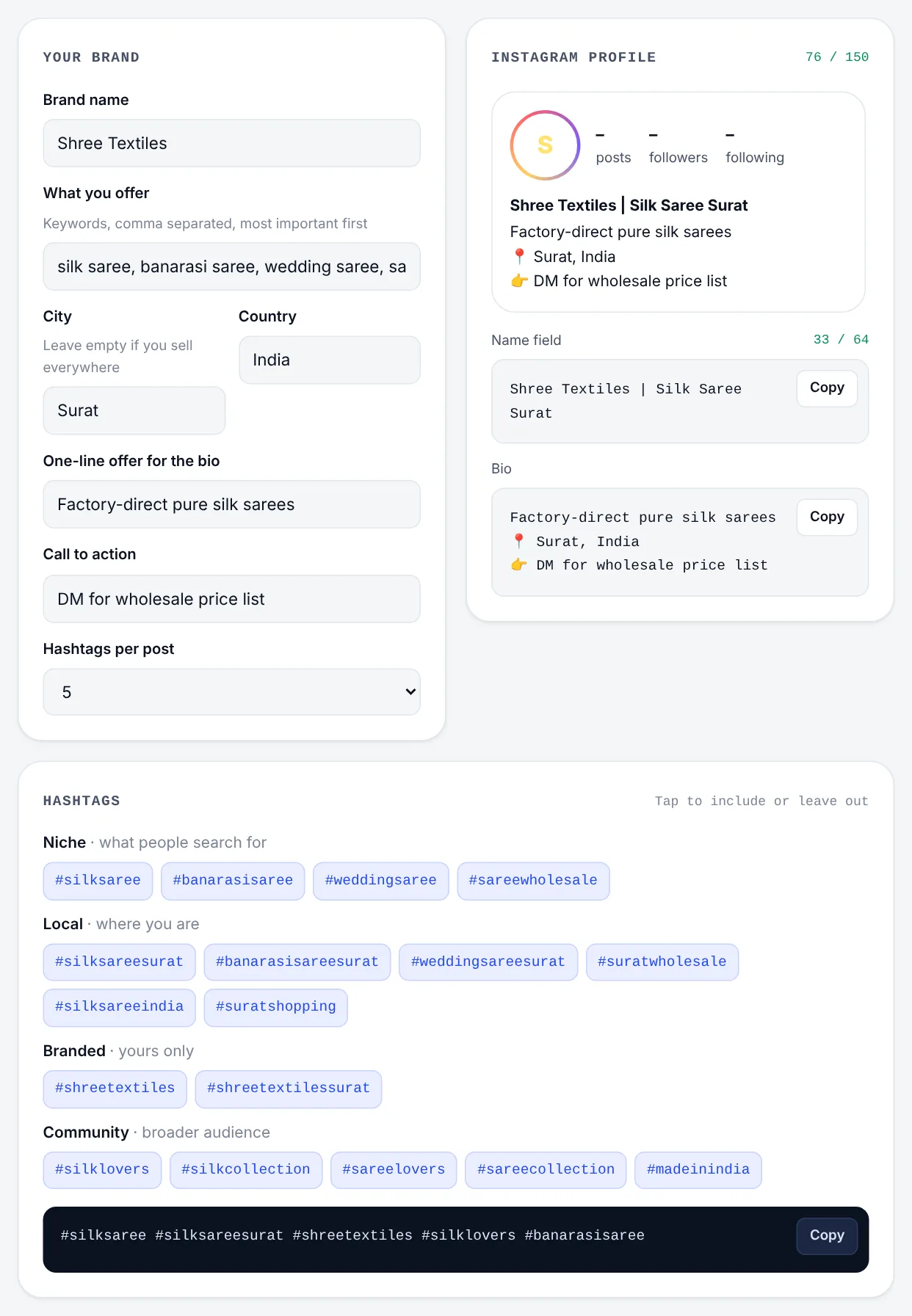 The Rankdesk hashtag generator: brand details on the left, an Instagram profile preview with the name field and bio, and hashtags grouped as niche, local, branded and community